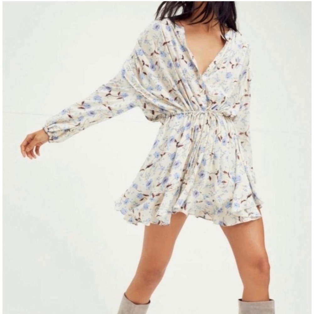 Free People Flower Fields Mini Dress Women Large Blue Cream Floral Boho